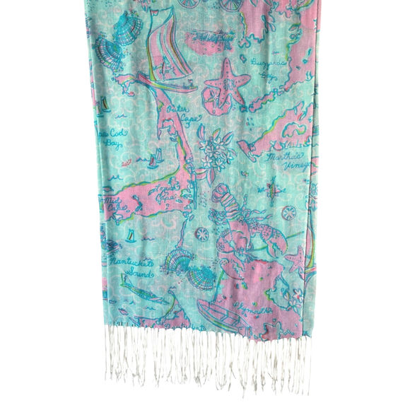 Lilly Pulitzer Retired Murfee‎ 2012 Scarf Turquoise Pink Cape Cod Island Silk - Picture 11 of 11